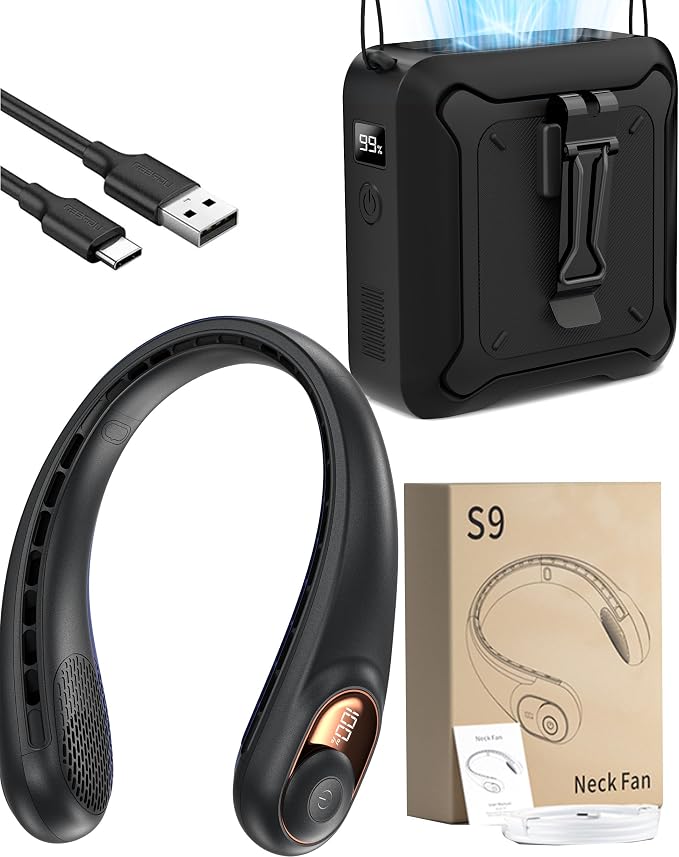 KIDEE Neck Fan + Waist Fan Bundle 360° Quiet & 14600RPM Turbo 12,000mAh Total LED/SOS Office, Construction, Travel