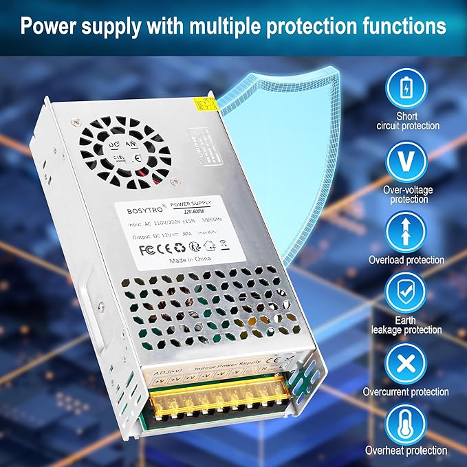 12V 50A 600W DC Switching Power Supply, Universal Regulated Switching AC110V/220V (SMPS), 12 Volt Power Supply for LED Strip Light, CCTV Camera Security System,Computer Project