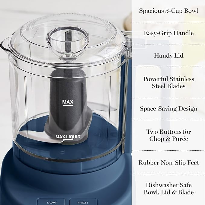 Martha Stewart 3 Cup Electric Food Chopper, Vegetable & Herb Mini Food Processor, 24oz BPA-Free Bowl, Stainless Steel Blades, Pour Spout, Dicing, Mincing, Chop & Puree, Dishwasher Safe, Indigo Blue