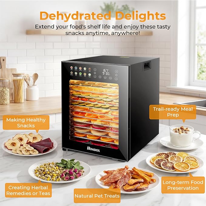 Homdox Food Dehydrator for Jerky & Fruit, 14 Stainless Steel Trays, 850W Food Dryer with 10 Presets, 48H Timer & 167°F Temperature Control, Dehydrator Machine for Herbs, Meat, Dog Treats