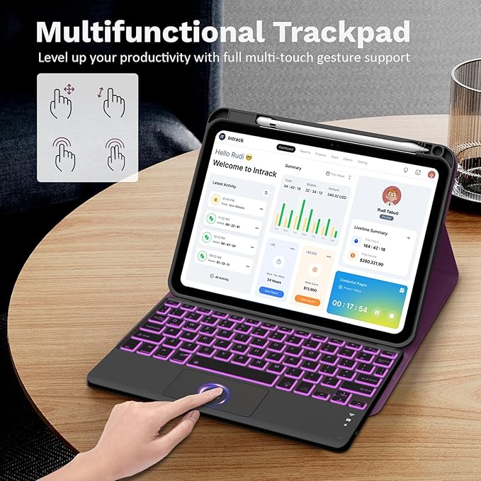 MoKo Touch Keyboard Case for iPad (A16) 11th Generation 11 inch 2025, iPad 10th Generation 10.9 inch Case with Pencil Holder, 7 Colors Backlit Multi-TrackPad Detachable Bluetooth Keyboard, Dark Purple