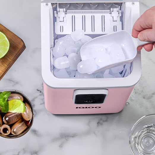 Igloo Portable Ice Maker with Scoop & Basket - Ice Maker with LED Control Panel & 1 Quart Water Tank- Ice Cube Maker Produces 26 Lbs Of Ice In 24 Hours with 8 Large or Small Cubes In 7-8 Minutes- Pink