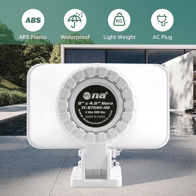 Nippon America 110V Outdoor Alarm Security Siren (TC-S7545-110), 80W Wired Horn, 120dB Long Range Sound, Wi-Fi Socket Included for Remote Activation, Weather Resistant, 8ft Cable