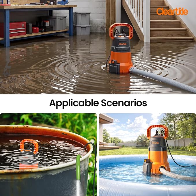 Cleartide 1/4 HP Submersible Utility Water Pump, 2160 GPH High Flow, Portable Sump Pump with Auto Water Sensor for Pool, Flooded Basement, Hot Tub, Pond Draining