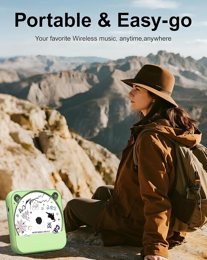 ENVYCLOUD CD Player Portable with Dual Stereo Speakers, Rechargeable Portable Player with Bluetooth for Home with Headphones, Support CD/AUX/USB,Green