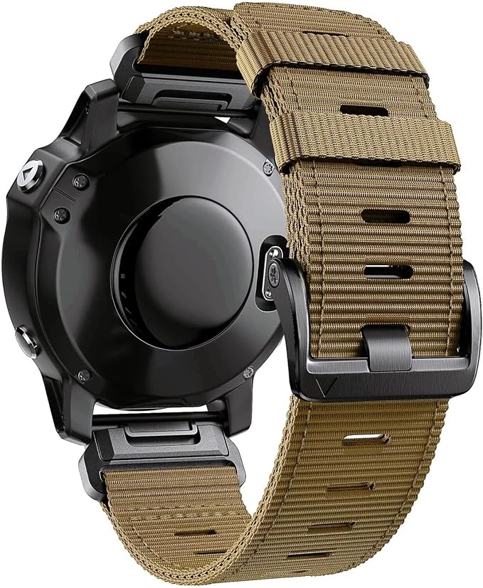Adjustable 26mm Nylon Watch Band for Garmin Fenix 8 51mm Fenix 7X/6X/5X/Enduro 2, Tactix 7 Pro, Epix Pro 51mm - Quick fit 26 Sports Wrist Strap with Stainless Steel Adapter (Khaki - Black Buckle, 26mm)