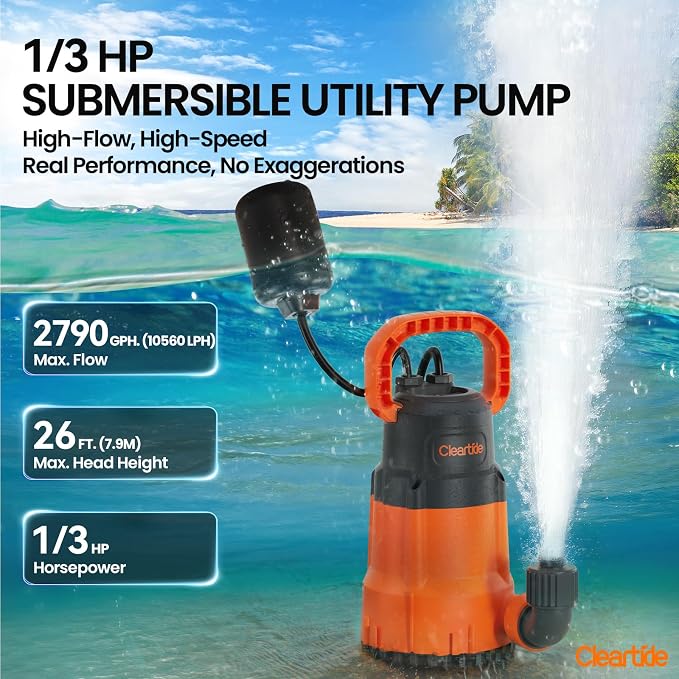 Cleartide Submersible Sump Pump with Float Switch, 1/3 HP 2790 GPH High Flow, Water Pump with Copper Motor, Ideal for Pool, Ideal for Yard and Flooded Cellar, Hot Tub, Garden Irrigation