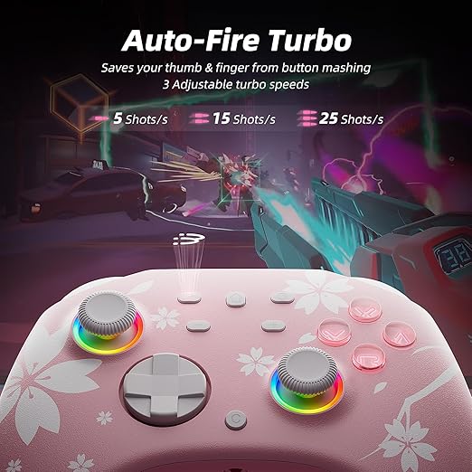 Mytrix Wireless Controllers for Switch/Switch 2, Windows PC iOS Android Steam/Steam Deck, Sakura Pink Bluetooth Controller with Programmable, Hall Effect Joysticks, Adjustable LED Light/Turbo/Vibration
