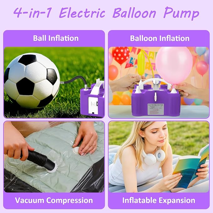 4-in-1 Balloon Pump Electric Balloon Pump Inflador De Globos Electrica Sports Balls Pump for All Balloons Latex Foil 260q Mylar Balloon, Air Cushion Pool Float Yoga Ball Inflator Balloon Machine