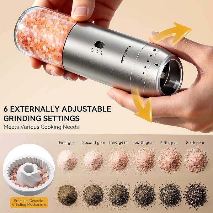 Electric Salt and Pepper Grinder Set, Automatic Gravity Pepper Grinder with Charging Base, Rechargeable Stainless Steel Spice Mill, Adjustable Coarseness, Dual-Speed Control, LED Light, Large Capacity