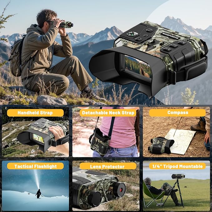 WOSPORTS Night Vision Goggles, 4K Night Vision Binoculars for Adults, 1300FT Range Vision, 8X Digital Zoom, 32GB Card, 15H Battery, Suitable for Camping, Gift for Men - Camo