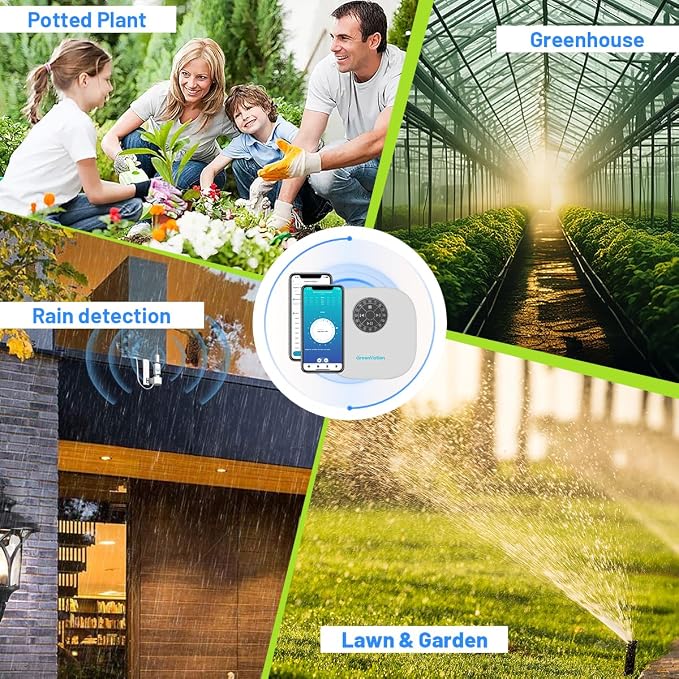 Smart Sprinkler Controller Pro, 12-Zone/Station Irrigation System, GreenVation 2.4G/5GHz WiFi Water Timer for Outdoor Garden/Yard/Lawns(with Water Pump and Rain Sensor Connection Interface)