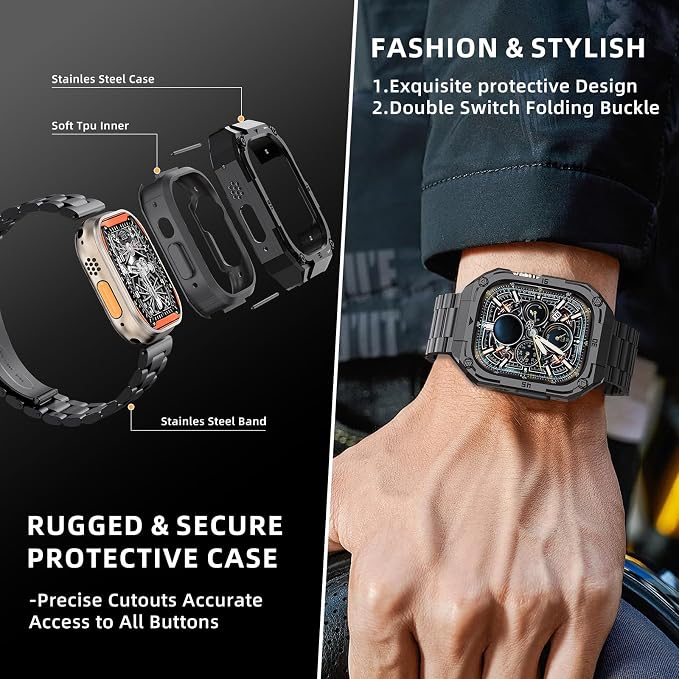 Formal Stainless Steel Case and Band Compatiable for 44mm Apple Watch Band Men -Solid Metal iWatch Bumper Case and Strap iWatch Bands Series 6 5 4 SE 3/2/1,Black