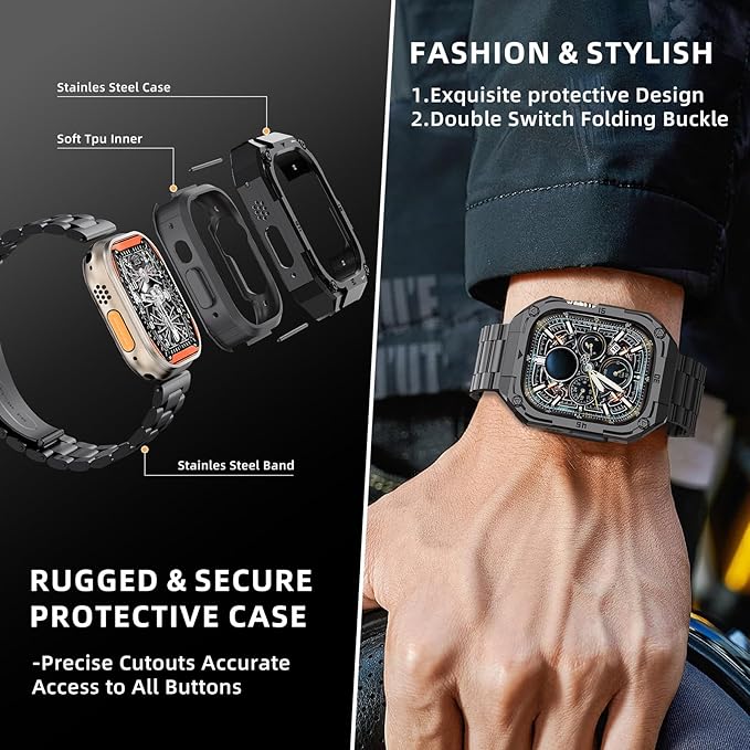 Classic Stainless Steel Case with Band Compatiable for 49mm Apple Watch Ultra 3/2/1 Bands for Men,Business Metal Apple Watch Bumper Case Cover with Strap for iWatch Bands,Black