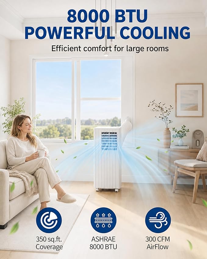 8,000 BTU Portable Air Conditioners, Cools Room Up to 350 Sq.Ft, 4-in-1 AC Unit with Dehumidifier & Fan Mode, Remote Control, Ultra-Quiet 50dB, White & Black, Easy Window Kit