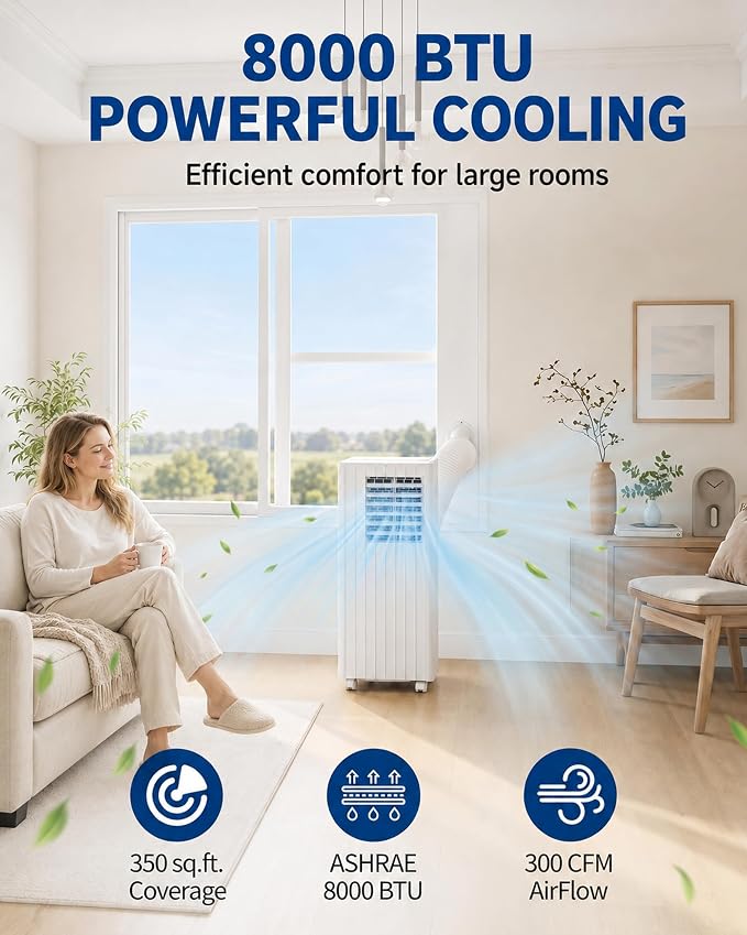 8000 BTU Portable Air Conditioners, Cools Up to 350 Sq. Ft, 4-in-1 Portable AC Unit for Rooms with Remote Control, Quiet Operation, 24H Timer, Window Installation Kit for Home Office