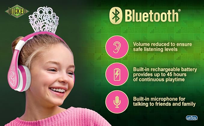 Wicked Glinda Bluetooth Headphones for Kids, Wireless Headphones for School, Home or Travel