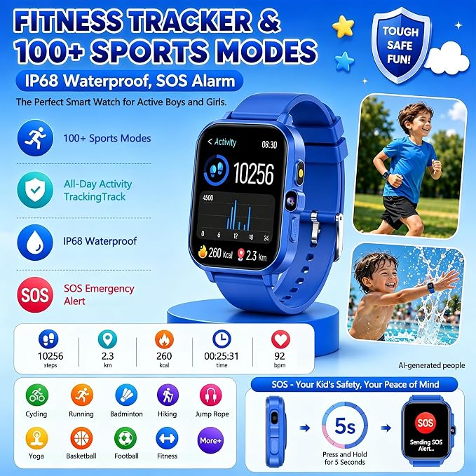 Smart Watch for Kids, 1.85" Fitness Tracker with Camera, Game, Music, SOS, AI, Alarm Clock, Video,Parent Control, 24/7 Heart Rate Sleep Monitor, 100+ Sport Modes, IP68 Waterproof, Gifts for Boys Girls
