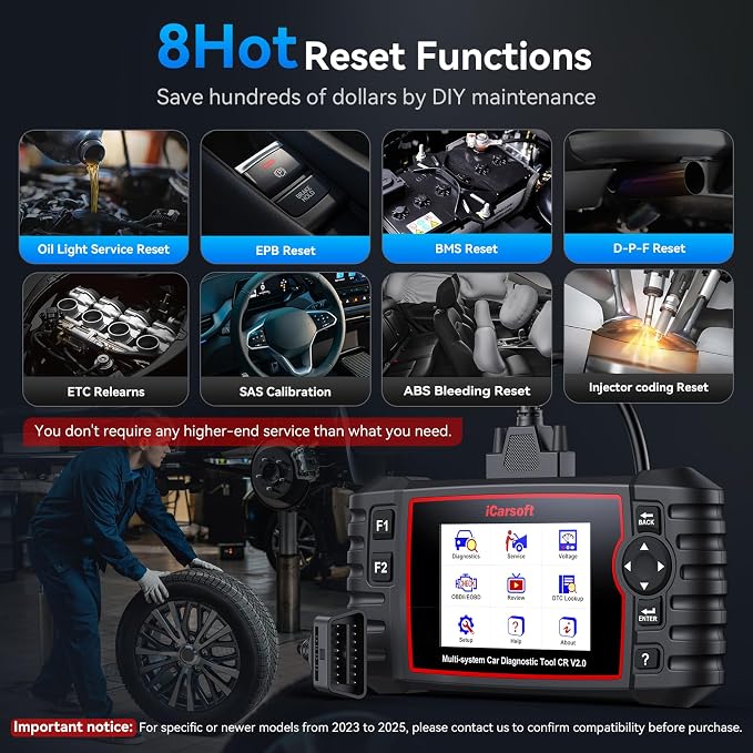 OBD2 Scanner iCarsoft CR V2.0 Diagnostic Tool with 8 Resets ABS Bleeding/SAS Calibration/Oil/EPB/ETC Reset, Full Systems Code Reader Scan Tools, ABS SRS Engine Transmission Battery Test Car Scanner