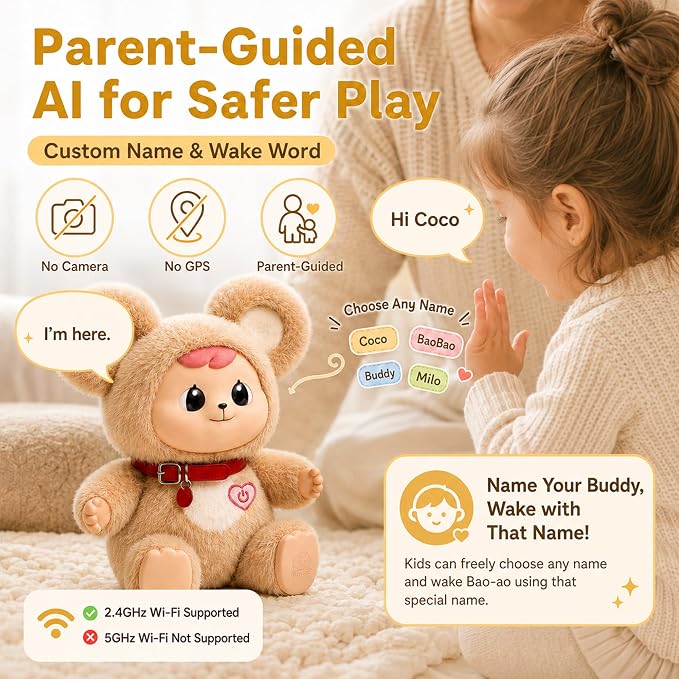 11.8" H AI Companion for Kids 3+, Smart AI-Powered Plush Interactive Toy | No-Screen Communicatible Stuffed Animal with ChatGPT, Rechargeable Doll with Multi-Languages Storytelling&Learning Assistant