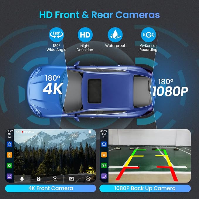 9" Wireless Apple CarPlay & Android Auto Screen for Car | 4K Dash Cam, 1080P Backup Camera, GPS Navigation, Mirror Link, Voice Control, Bluetooth – Fits All Vehicles