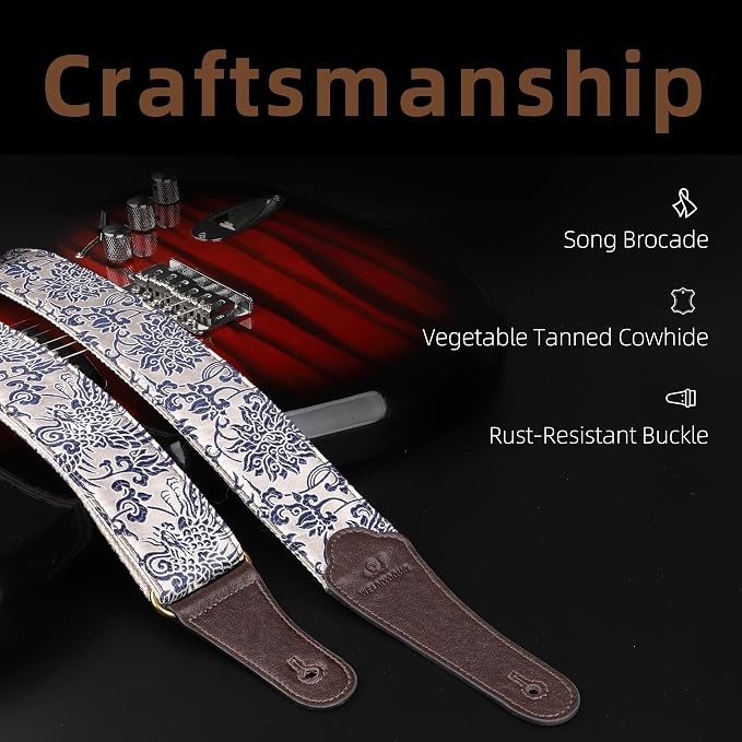 Guitar Strap, Electric& Acoustic bass guitar straps,embroidered filament with Head Cowhide Leather strap, with Free Strap Button,2 guitar Strap Locks，4Guitar Pick (Cyanotype)