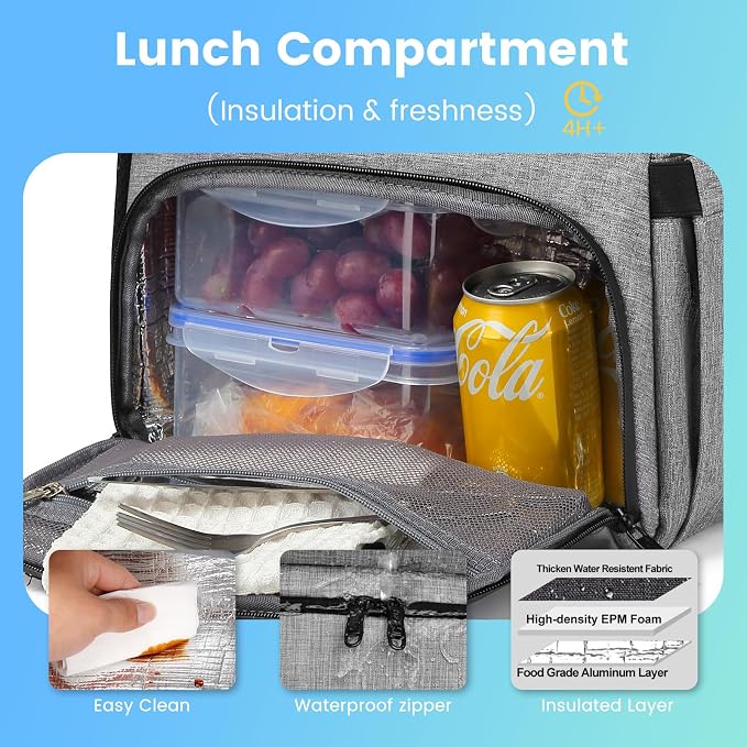 RUCYEN Lunch Backpack, Insulated Cooler Backpack Lunch Box for Men Women, 15.6 Inches RFID Blocking Laptop Backpack with USB Port for Work Travel Picnics Hiking Grey