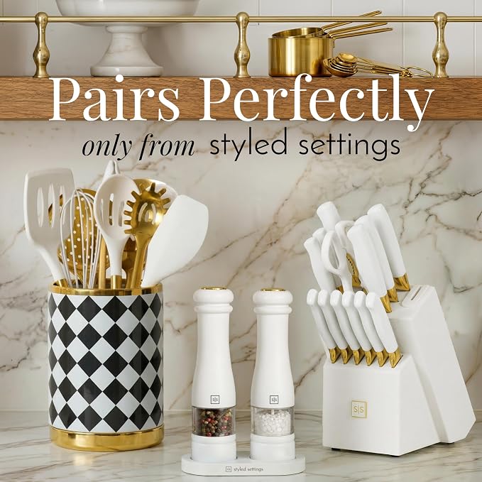 Electric Salt and Pepper Grinder Set - Styled Settings White Electric Salt and Pepper Shakers, Automatic Stainless Steel Set with LED Light, Battery Operated, Adjustable Coarseness, Wood Base