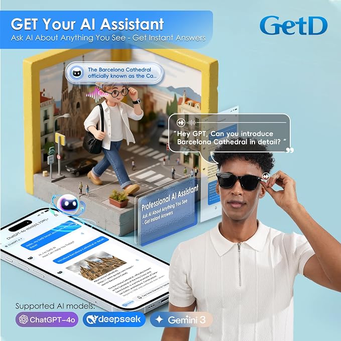 GetD 2026 Acetate Smart Glasses, ChatGPT and 145-Language Real-time Translator, Bluetooth Sunglasses with Nylon Polarized Lens, 11H Battery Life, Open-Ear Audio, Voice Control for Travel & Business