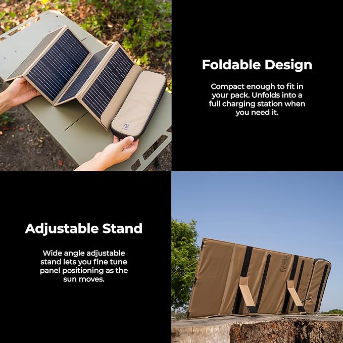 NESTOUT Portable Solar Panel, USB-C and USB-A Ports, 28W Solar Charger for Camping, Water Repellent Ripstop Nylon, Foldable Compact Design, Digital Ammeter, Adjustable Stand, Beige (4 Panel)