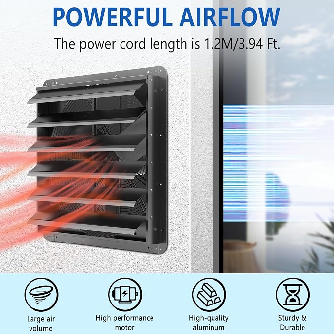 24 Inch Shutter Exhaust Fan, Aluminum Wall Mounted Exhaust Fan with Power Cord,5280 CFM High Speed Automatic Louvered Vent Fan for Greenhouse, Factory,Shop,Garage, ETL Listed