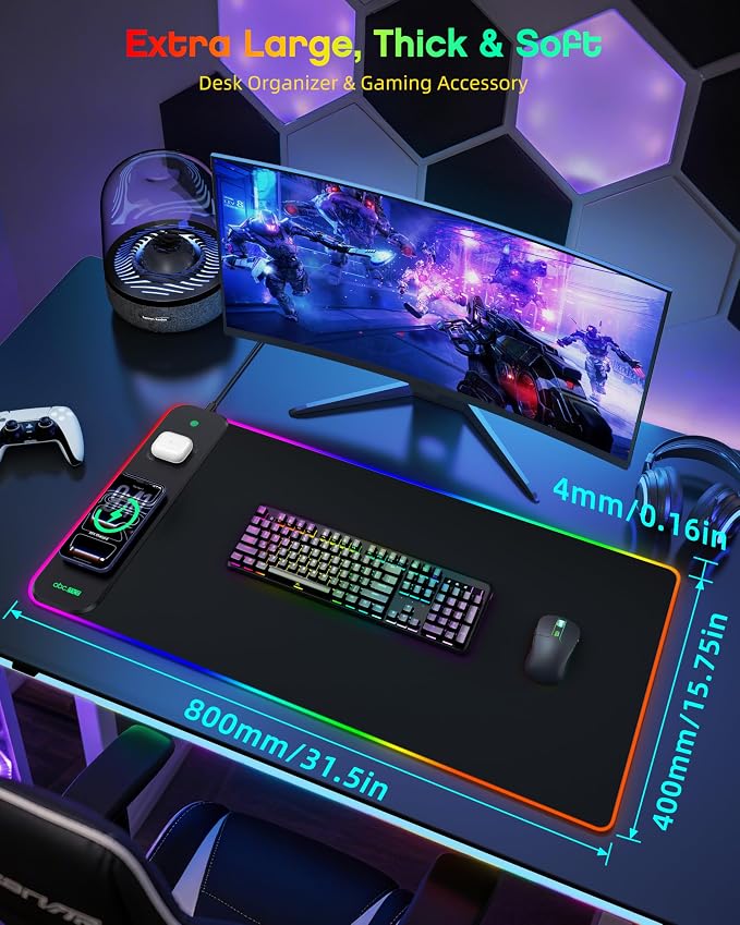 RGB Gaming Mouse Pad with Wireless Charging for Phone/AirPods, 31.5"x15.8" Large, 24 Light Effects, Non-Slip Base, Waterproof Ultra-Smooth Surface, with Adapter