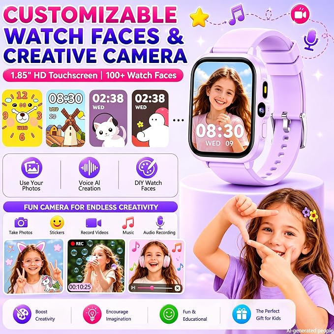 Smart Watch for Kids, 1.85" Fitness Tracker with Camera, Game, Music, SOS, AI, Alarm Clock, Video,Parent Control, 24/7 Heart Rate Sleep Monitor, 100+ Sport Modes, IP68 Waterproof, Gifts for Boys Girls