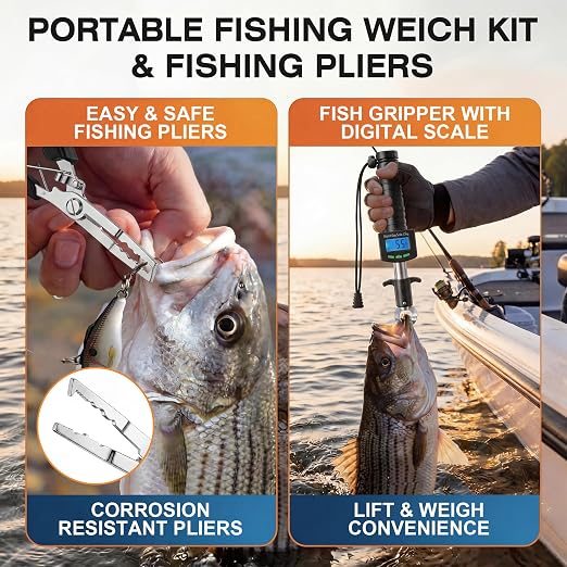 Digital Fish Scale with Fish Gripper, Waterproof Fishs Scales Digital Weight with LCD, 55lb Capacity, Portable Fishs Weigh Kit & Fishings Accessories for Fly& Ice Fishing, Fishing Gear - Gift for Men