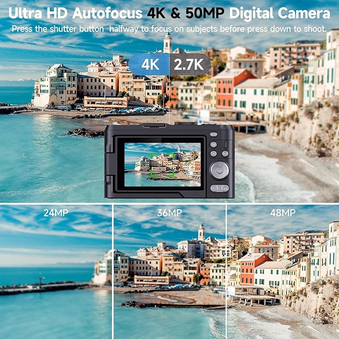 Digital Camera 4K for Photography, 50MP Vlogging Camera for YouTube Video with Flash and 3" 180° Flip Screen, 18X Digital Zoom Compact Travel Cameras with 64GB TF Card for Teens Beginner (Black)
