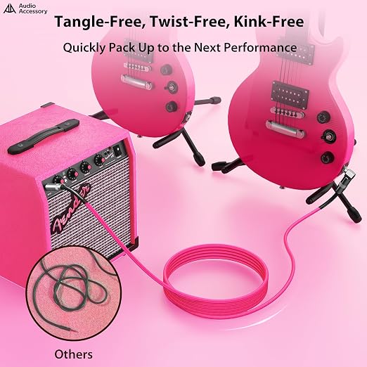 AA AUDIO ACCESSORY Right Angle Guitar Cable 3.3ft, Nylon Braided Kevlar-Reinforced, 20AWG 99.99% OFC 1/4 Instrument Cable, Dual Shielded Amp Cord for Fender Electric Guitar, Neon Pink