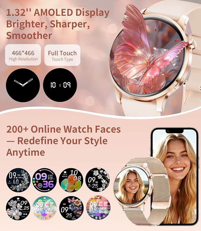 LIGE Smart Watch for Women,1.32" Amoled Display Smart Watch with Bluetooth Call Heart Rate,Sleep Clories Tracker,2 Straps,100+ Sports Modes,Women Smartwatch for Android iOS(FV23-D)