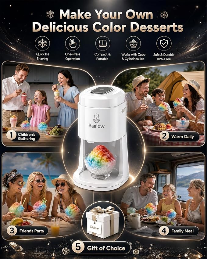 Electric Shaved Ice Machine, Professional Snow Cone Maker with Adjustable Thickness Settings, High-Efficiency 135W Motor, Portable Ice Crusher for Fluffy Ice & Slushies, Includes 2 Ice Molds