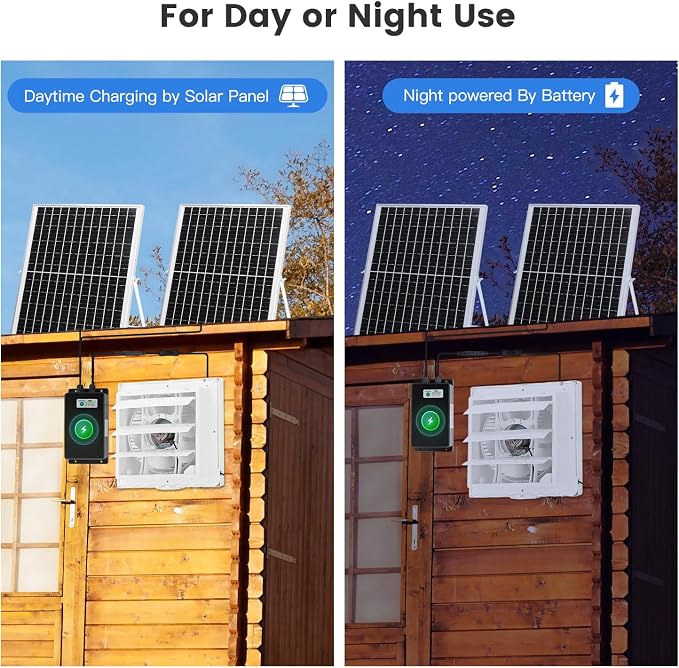 Fanspex Solar Exhaust Fan, Solar Powered Vent Fan Kit for Outside Greenhouse Shed Chicken Coop (10" Fan with Battery)