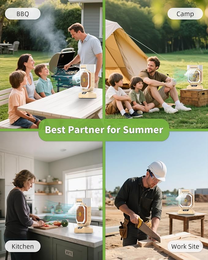 Weljoy Desk Fan 5 Sprayers Rechargeable Misting Fan for Camping & Home – 5 Speed Portable Cooling Fan with Mist 560ml Water Tank Aromatherapy Diffuser Timer 27000mAh Fast-Charging Battery(Biege)