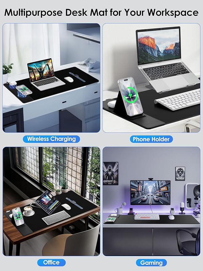 Wireless Charging Mouse Pad with Foldable Phone Holder, 15W Magnetic Fast Charging for iPhone Samsung, 31.5"x15.75" Large Desk Mat for Laptop/Keyboard, Waterproof Gaming Mousepad with Non-Slip Base