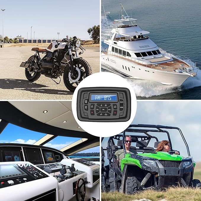 Marine Stereo Radio FM/AM USB for ATV UTV RZR XP900 Motorcycle Boat Golf Cart Truck SPA Powersports Car Vehicles Headunit Sound System Compatible with Bluetooth