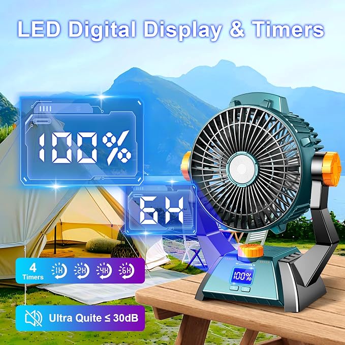 Camping Fan - Rechargeable Portable Battery Powered Camping Fans for Tents with LED Light, Power Display, Timers & 360° Hanging Hook, Ultra Quiet USB Personal Tent Fan for Fishing Travel Home Office