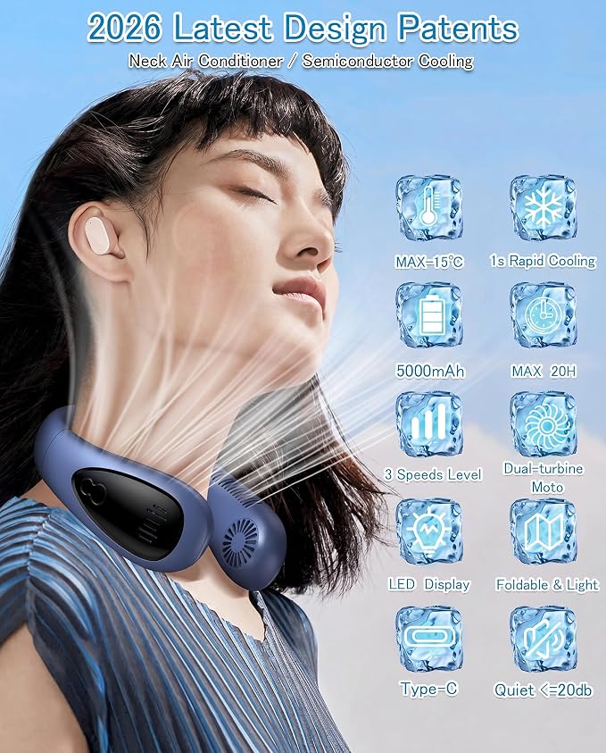 Neck Air Conditioner, Portable Neck Fan with Cooling Plate 360°Cooling Airflow, 5000mah Rechargeable USB Fan Hands Free Bladeless Wearable Foldable Mini Fan for Men Women Home Office Outdoor