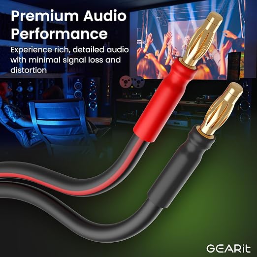 GEARit 14 Gauge Speaker Cable with Banana Plugs 9.9 Ft 2-Pack - OFC Speaker Wire, 14AWG Gauge Banana Wire for HiFi, Bi-Wire, Bi-Amp & Surround Sound, Gold Plated Tips, Black