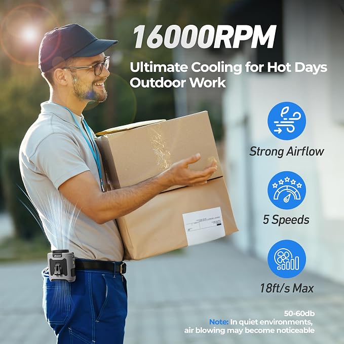AMACOOL Portable Waist Fan Clip On, MAX 40H Work Time, 10000mAh Rechargeable Wearable Shirt Fan with Light, 16000RPM Powerful 5 Speed Belt Fans Personal Cooling Fans for Outdoor Jobsite Camping Travel