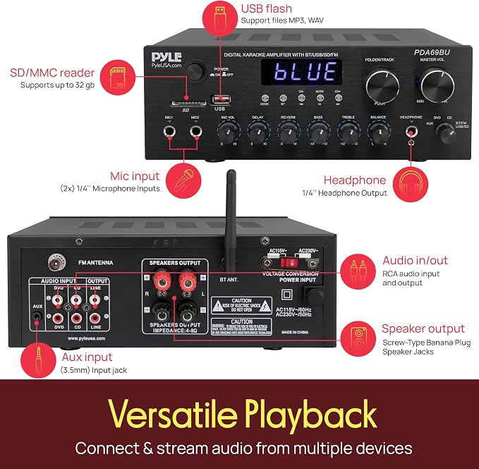 Pyle Home Karaoke Amplifier Receiver with Bluetooth Streaming, 200 Watt Peak, Dual Mic Inputs with Delay and Reverb, 2.0 Channel Hi Fi Sound System, USB-A Input w MP3 Player, RCA/Aux Inputs - PDA69BU