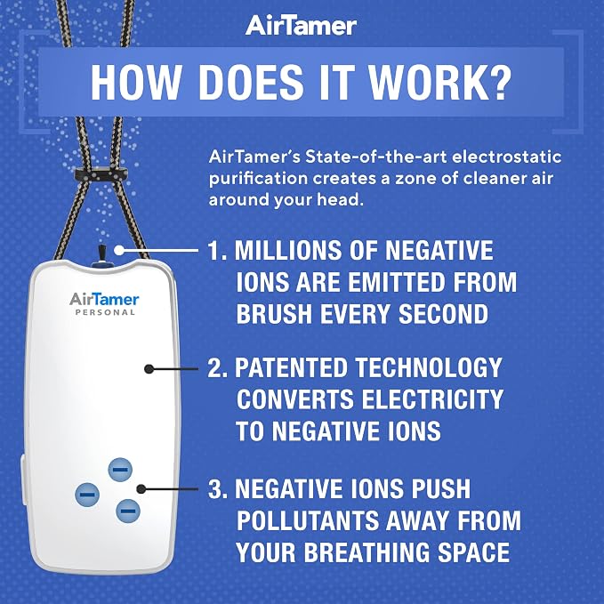 AirTamer A310W Wearable Personal Air Purifier, Rechargeable, White | Ionic negative-ion technology, no filters. Proven virus reduction. Metal Travel case included. For flights, office, commute