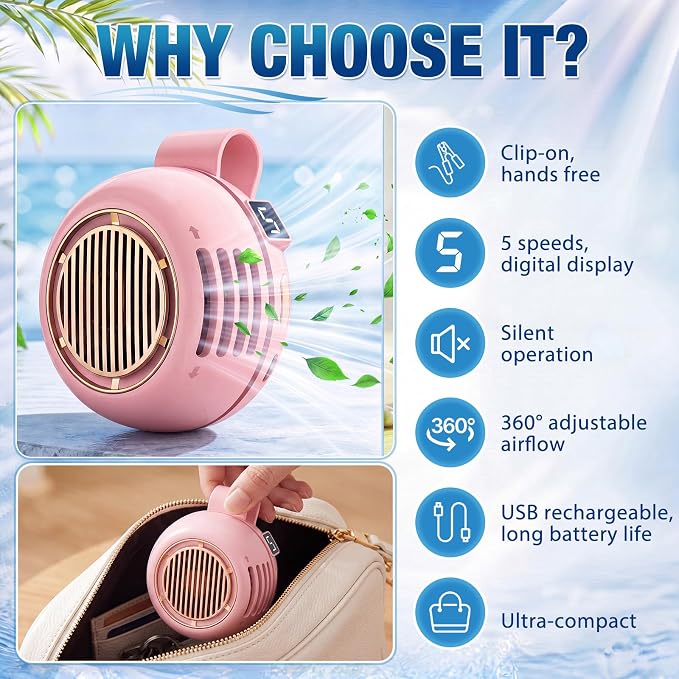 2 Pack Portable Silent Mini Bladeless Fan Clip on 5 Adjustable Speeds Digital Display 360 Rotatable USB Rechargeable Electric Small Fan for Shirt Waist Outdoor Travel(Pink)