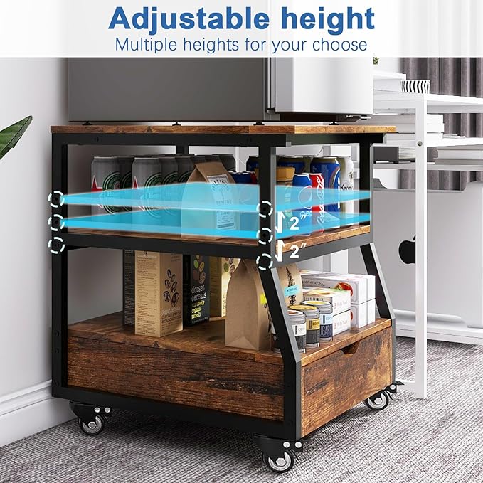 PUNCIA 23.6" x21.7" Mini Fridge Stand with Large Capacity Storage & Drawer | Heavy Duty Fridge Cart Rolling Beverage Refrigerator Table with Wheels Appliance Platform for Dorm Apartment Office Bedroom